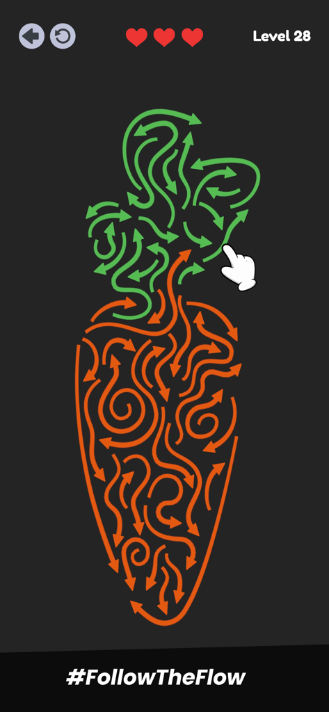 Arrow Flow: Tap Out Puzzle - Un nivel en forma de zanahoria en el juego de puzzles Arrow Flow con flechas verdes y naranjas sobre un fondo oscuro.