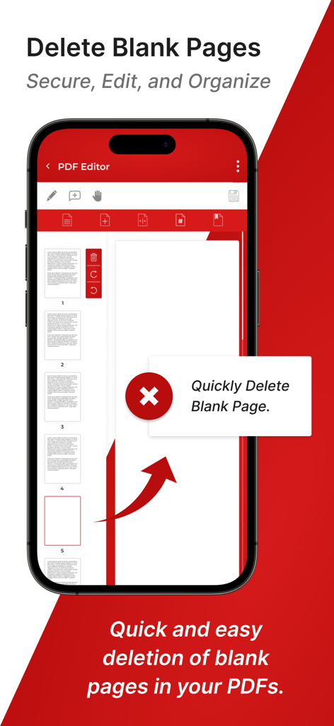 Convert to PDF : PDF Scanner - PDF 스캐너 앱에서 문서의 빈 페이지를 빠르게 삭제하는 기능을 보여주는 인터페이스