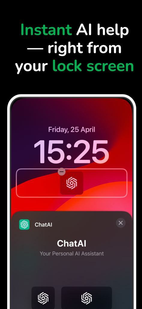 Widget de l'écran de verrouillage de l'application ChatAI pour une assistance IA instantanée sur iPhone