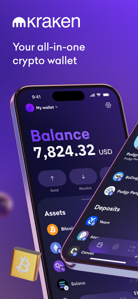 Kraken Wallet App-Oberfläche auf dem iPhone mit Guthaben und verschiedenen Krypto-Assets
