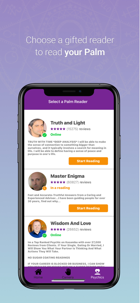 Interface do aplicativo listando leitores de palma profissionais com suas classificações e biografias