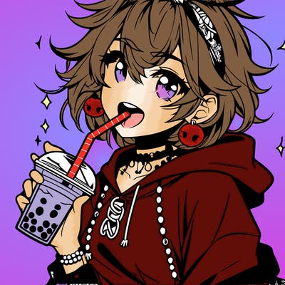 hot baddie anime girl drinking boba and biting the straw