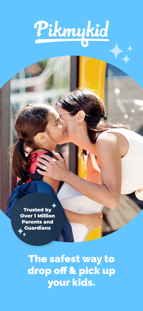 Mother and daughter embrace during school dismissal with Pikmykid safety app branding