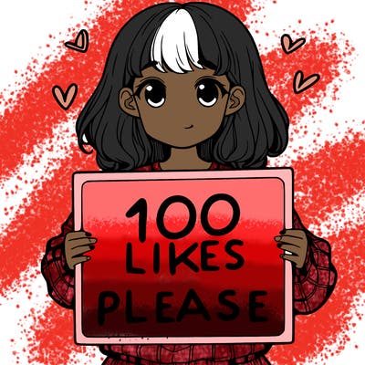 a girl holding a sign saying 100 likes please
