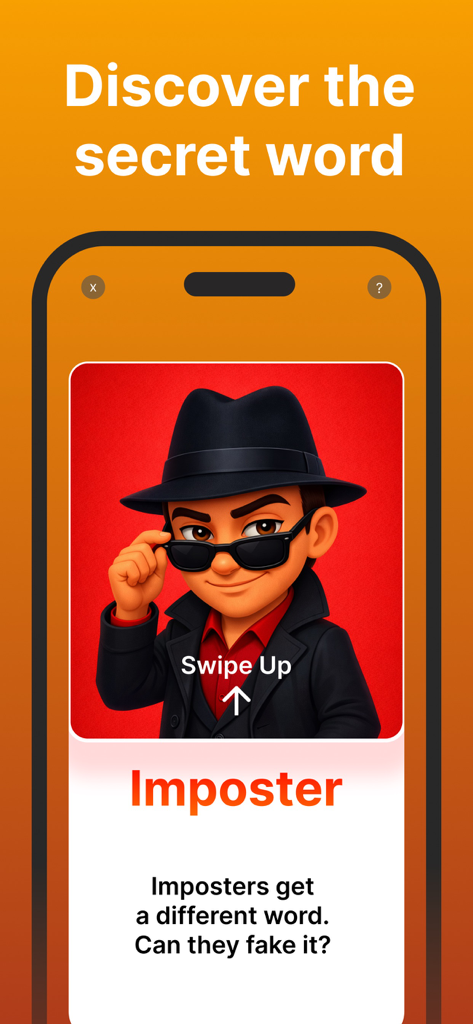 Una pantalla de juego de Imposter Up que muestra la tarjeta del rol de Impostor con un personaje con sombrero negro y gafas de sol.