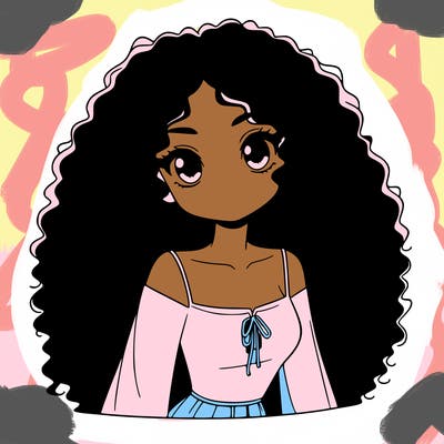 a black anime girl with long afro hair
