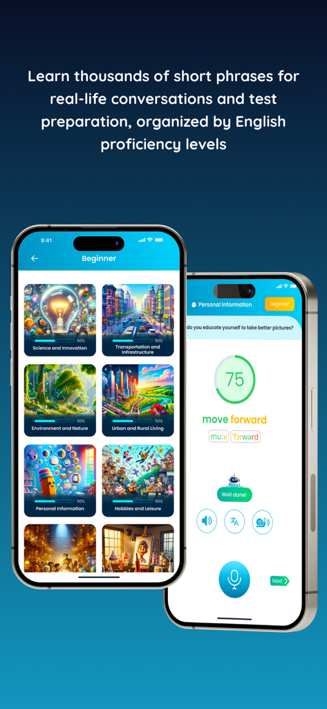 Interfaz de la aplicación 7ESL AI mostrando categorías de inglés para principiantes y práctica de pronunciación con retroalimentación de puntuación