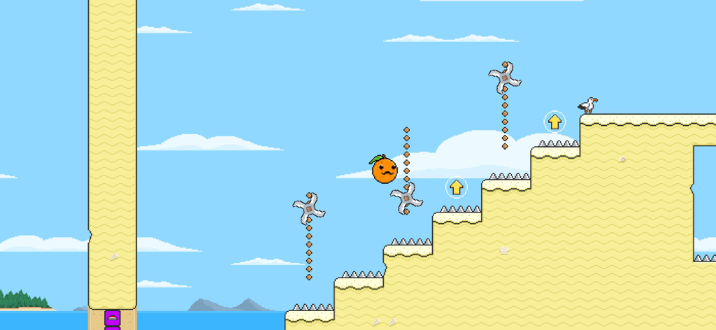 Orange Family - Father Orange character jumping over spinning hazards and spike traps in a 2D platformer level.