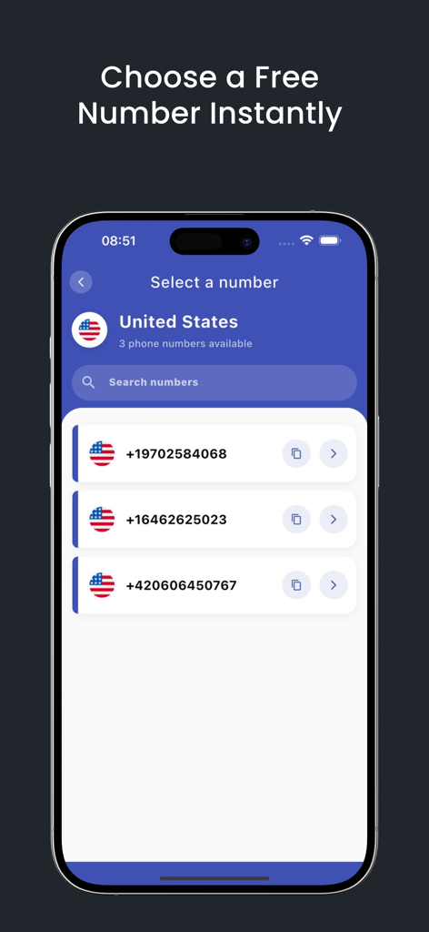 Interfaz mostrando una selección de números de teléfono temporales gratuitos de EE. UU. para verificación por SMS en la aplicación Número Temporal Ahora.