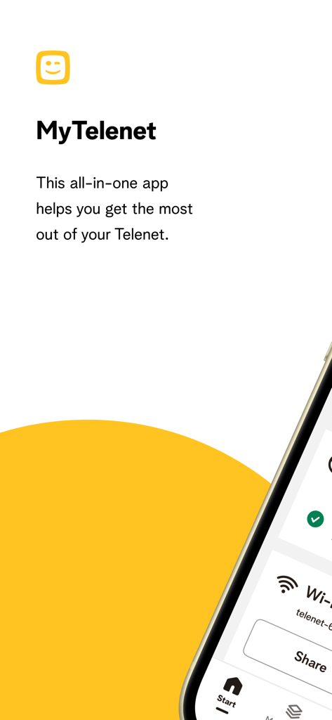 MyTelenet - Introduction screen for the MyTelenet mobile app featuring the company logo and an interface preview on a smartphone.