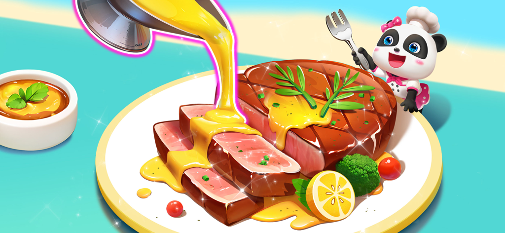 Little Panda's Restaurant - A cartoon panda chef pouring yellow sauce over a grilled steak with vegetables in the Little Panda's Restaurant app.