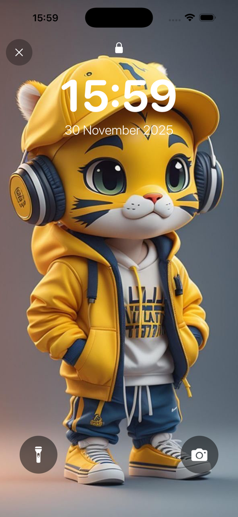 Wallpapers: Live Wallpapers 4K - Cute cartoon tiger wearing a yellow hoodie and headphones on an iPhone lock screen