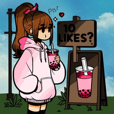 girl with oversized hoodie drinking boba and she has a high ponytail with a sign that says 10likes?