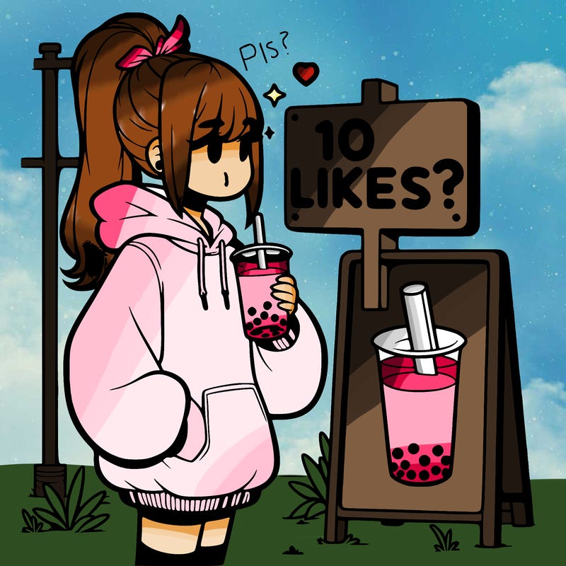 girl with oversized hoodie drinking boba and she has a high ponytail with a sign that says 10likes?