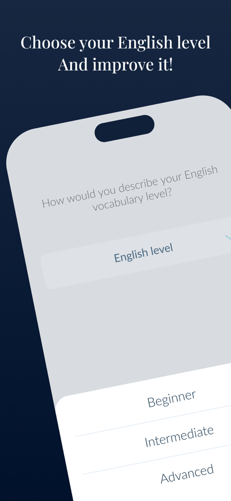 Wocab - Expand your vocabulary - Wocab app interface showing options to choose English vocabulary level