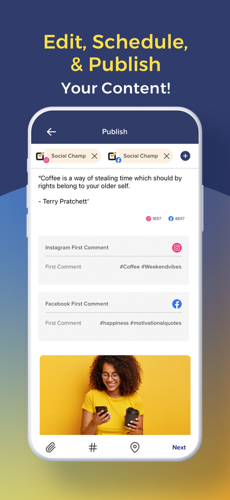 Social Champ: Social Media App - Interface of Social Champ app showing how to edit and schedule social media posts for Instagram and Facebook simultaneously.