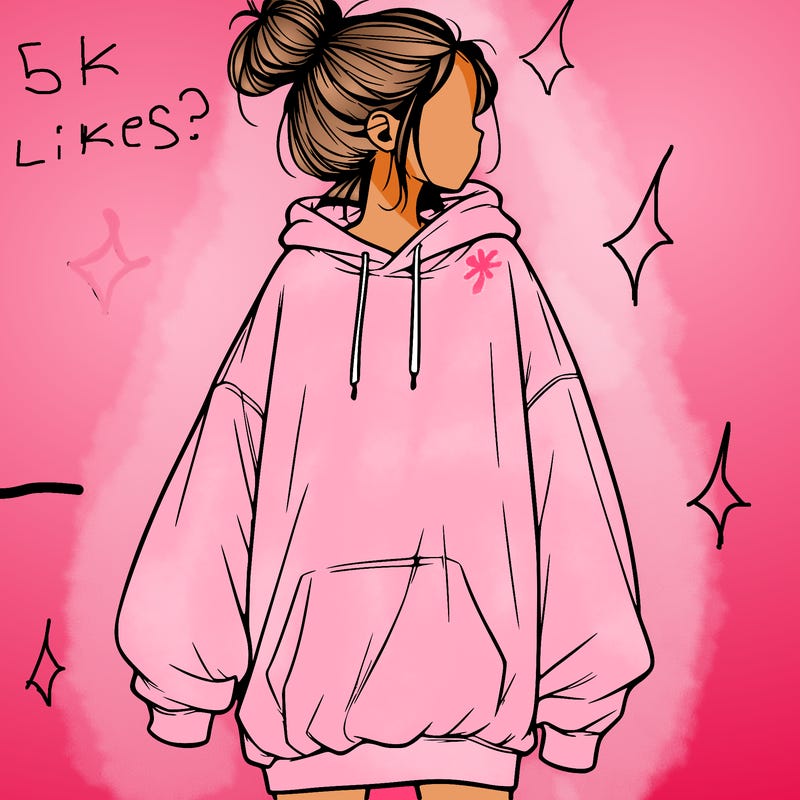 realistic girl with a oversized sweatshirt on and a bun