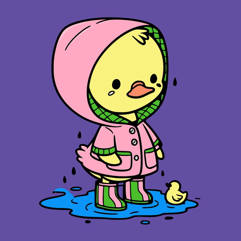 baby duck in a rain coat and boots, in a puddle while it’s raining