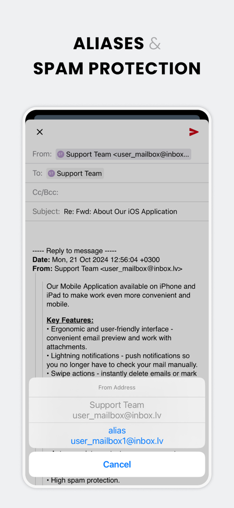 Inbox.lv mobile app screen showing email alias selection and spam protection features