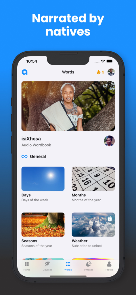 Angula - African languages - Angula app interface showing isiXhosa vocabulary categories narrated by native speakers