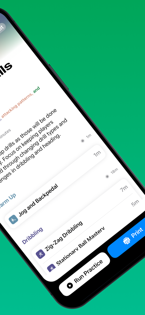 Soccer Lineup Builder Elite - Soccer training practice plan showing a list of coaching drills with options to run and print