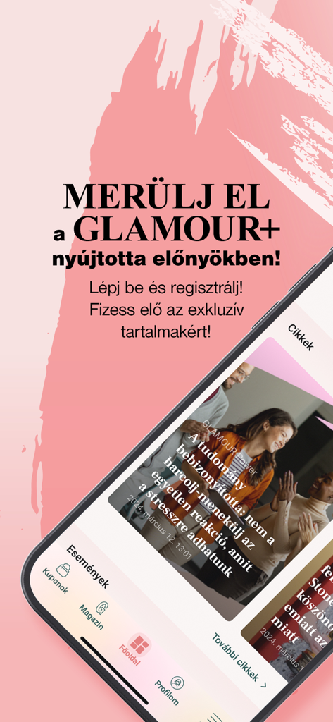 Smartphone displaying the GLAMOUR Plus app interface with fashion articles and shopping coupon navigation