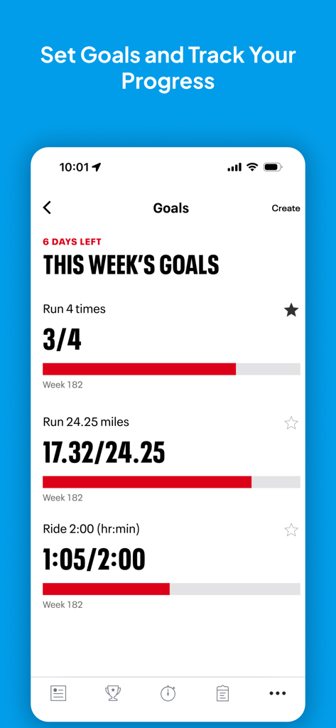 Weekly fitness goals and progress tracking screen in Map My Run app