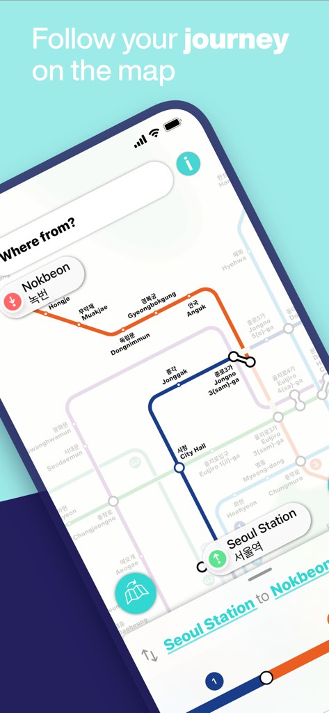 Uno screenshot dell'app della mappa della metropolitana di Seoul che mostra un percorso di transito pianificato dalla stazione di Seoul a Nokbeon su uno schermo di iPhone