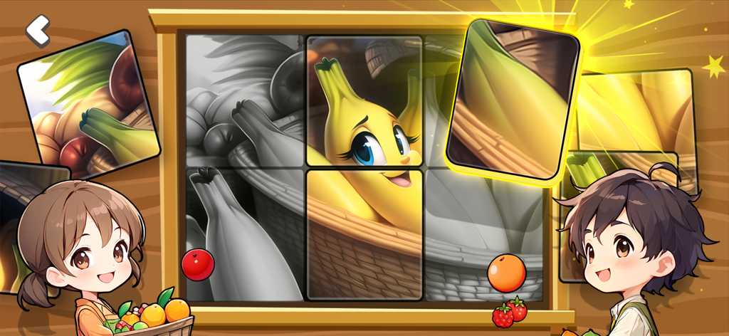 Dream Piece: Kids Jigsaw - Children solving a colorful fruit themed jigsaw puzzle with a smiling cartoon banana