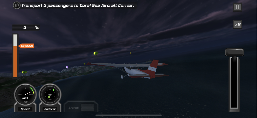 Pequeño avión de hélice volando sobre el océano por la noche en Flight Pilot Simulator 3D