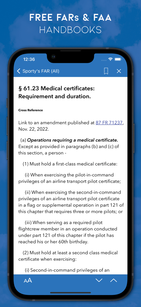 Mobile screen showing FAA medical certificate regulations within the Sporty's Pilot Training app