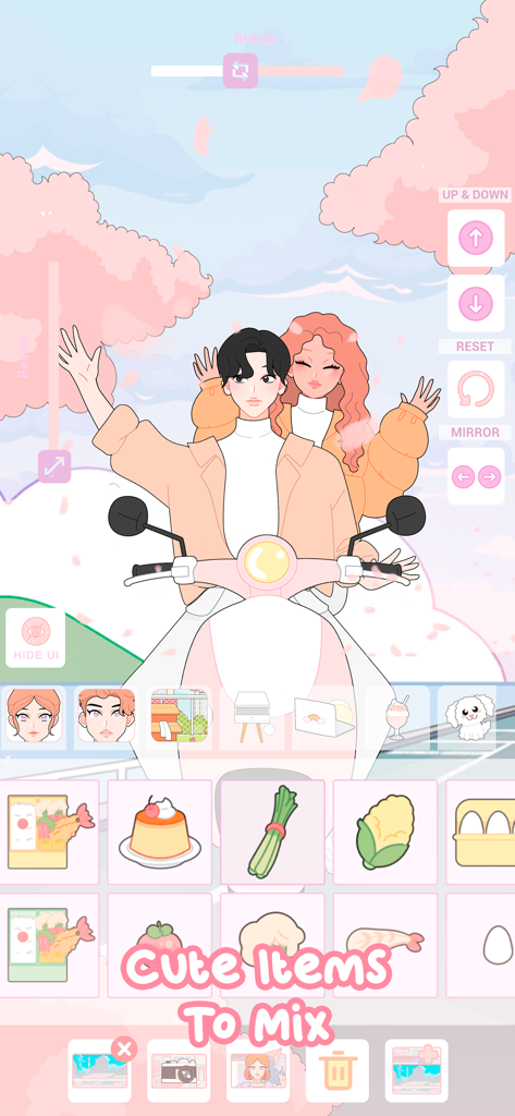 Shining Star : Idol Dress Up - Shining Starのシーンクリエイターでスクーターに乗る2体のアニメアイドル。ミックスできる可愛いアイテムのメニューが表示されています。