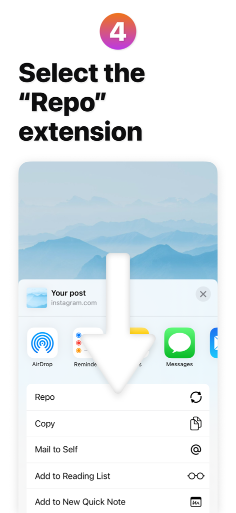 Step 4 tutorial showing how to select the Repo extension in the iOS share sheet for easy reposting.