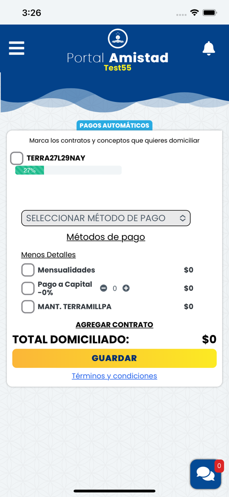 Amistad Bienes Raíces - Interface for setting up automatic real estate payments in the Amistad app