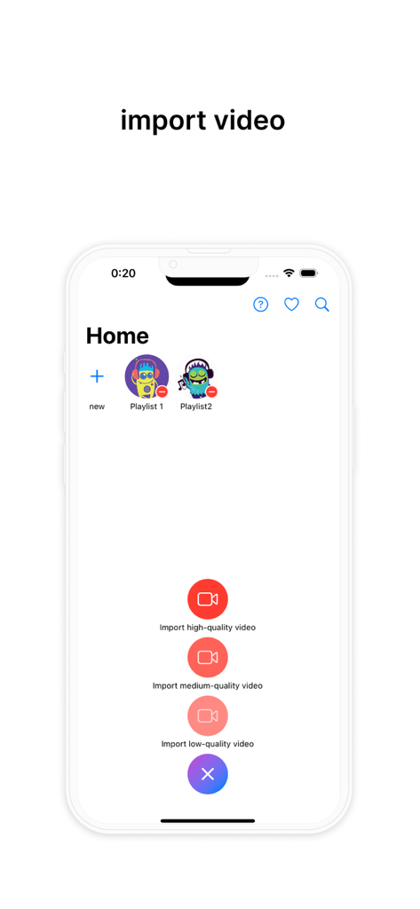 Interfaccia dell'app Alarm sound maker che mostra le opzioni per importare video e gestire le playlist.