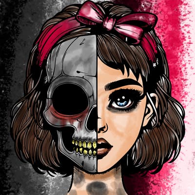 realistic girl with half skull mask