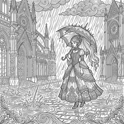 Step into a world of dramatic elegance with this gothic downpour coloring page designed for adults. Featuring a mysterious figure under an ornate umbrella amidst stunning architecture and splashing rain, it offers a truly immersive artistic experience.