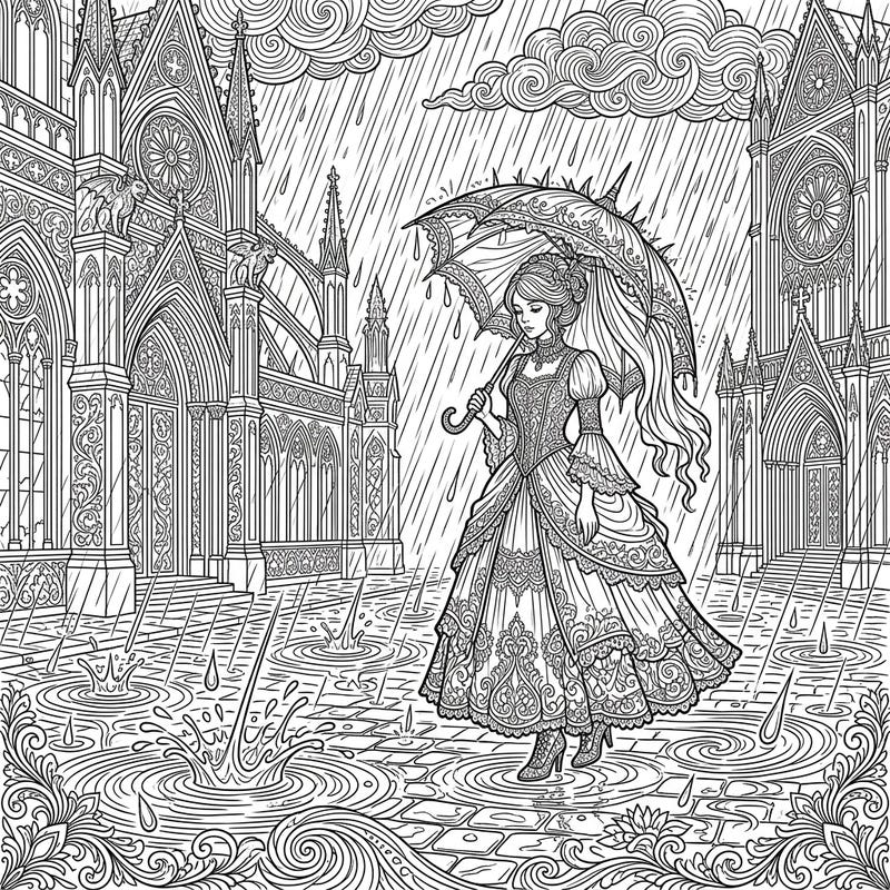 Step into a world of dramatic elegance with this gothic downpour coloring page designed for adults. Featuring a mysterious figure under an ornate umbrella amidst stunning architecture and splashing rain, it offers a truly immersive artistic experience.