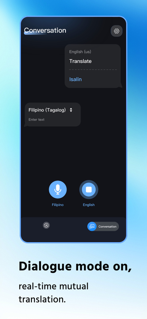Interface of the LingoView app showing dialogue mode with real-time translation between English and Filipino