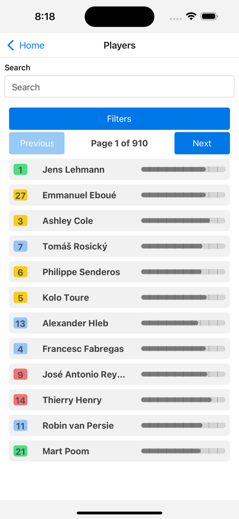 LMA Manager Hub - List of soccer players in the LMA Manager Hub app including stars like Thierry Henry and Cesc Fabregas