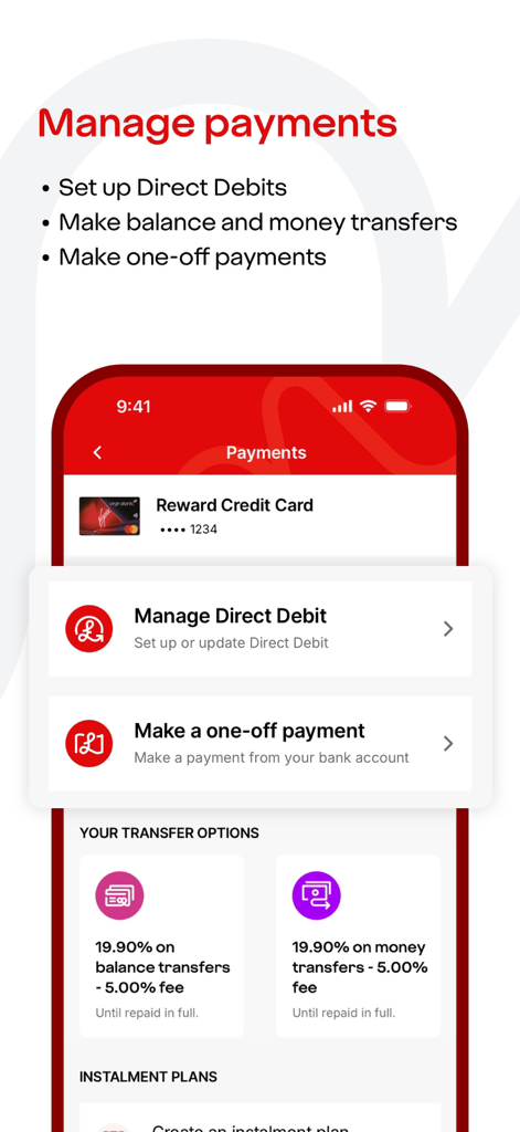 Tela do aplicativo Cartão de Crédito Virgin Money mostrando opções de gerenciamento de pagamentos e transferências