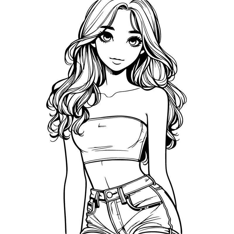 realistic pretty  girl with tube top and denim shorts one girl
