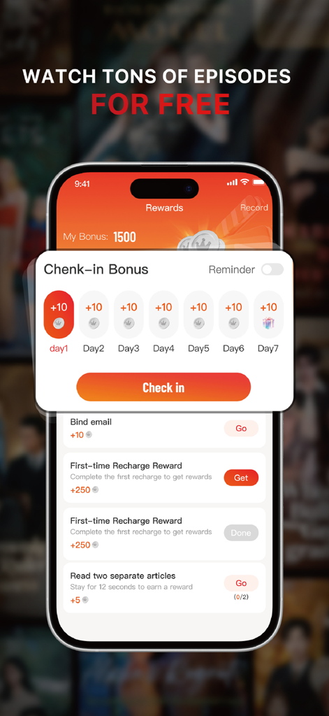 RedShort - RedShort mobile app screen displaying daily check-in bonuses and rewards for free drama episodes.