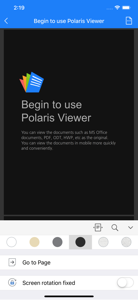 Polaris Viewer App-Oberfläche mit Optionen zur Dokumentenanzeige wie Nachtmodus und Bildschirmausrichtungseinstellungen