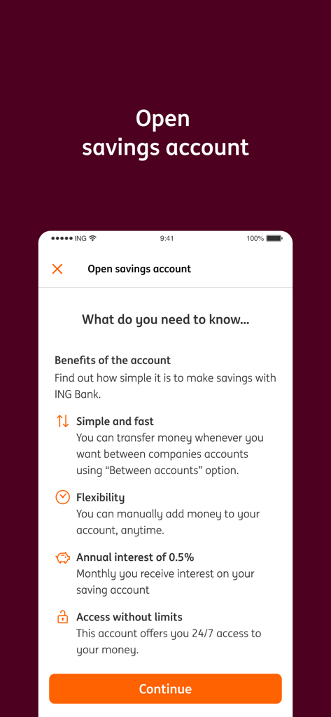 Captura de pantalla de la aplicación ING Business Pro mostrando los beneficios de abrir una cuenta de ahorros empresarial, incluidas las tasas de interés y el acceso 24/7.