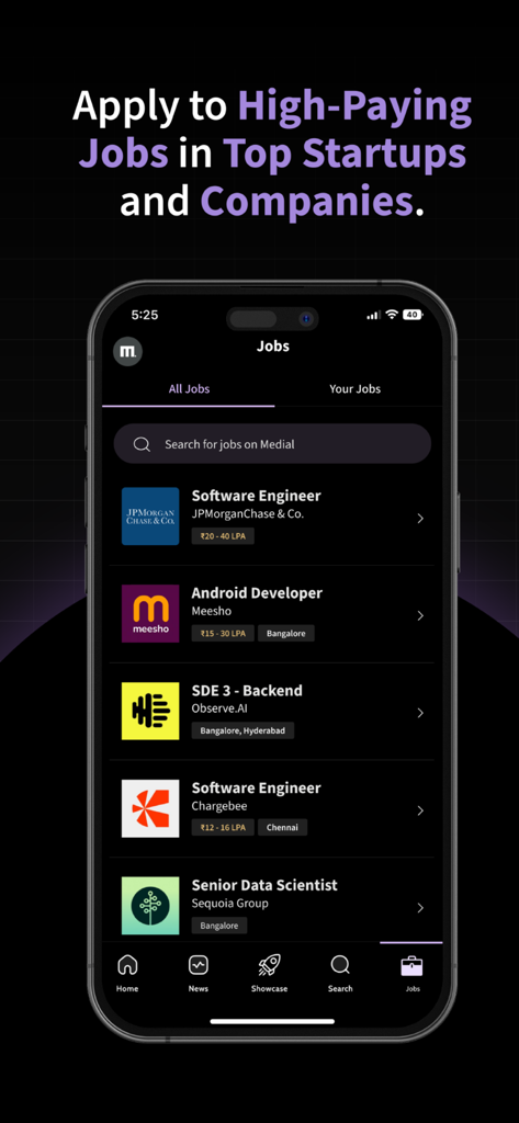 Medial - Startup News and Tech - Medial app screen displaying startup and tech job listings