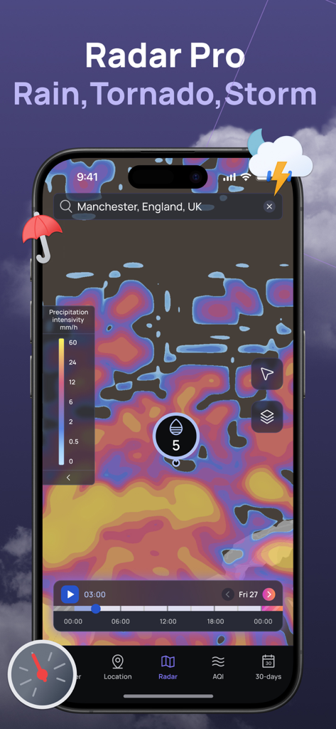 NOAA Weather Radar, Forecast - Captura de pantalla de iPhone de la aplicación NOAA Weather Radar que muestra un mapa de intensidad de precipitación en vivo