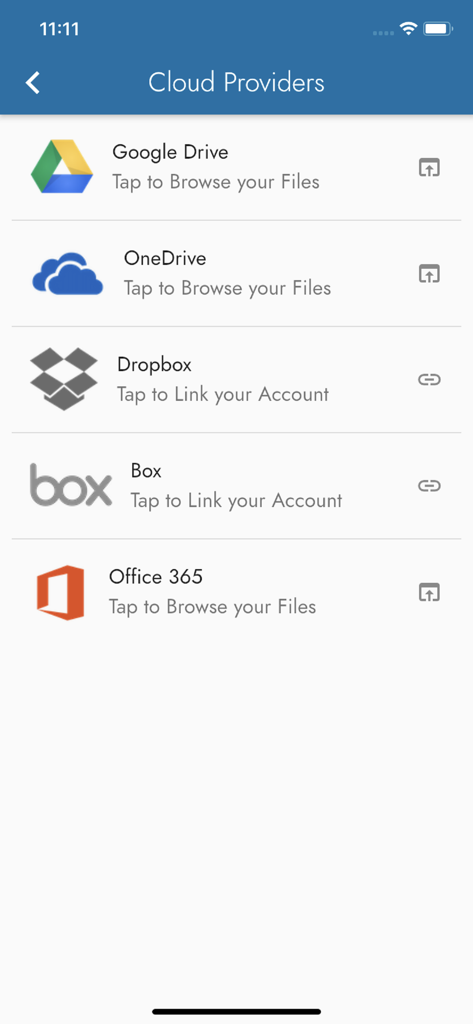 Interface do aplicativo Wepa Print mostrando provedores de armazenamento em nuvem disponíveis como Google Drive, OneDrive e Dropbox para fácil impressão de arquivos.