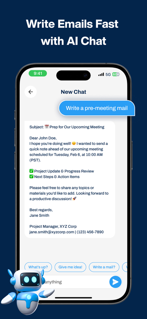 Una pantalla de iPhone que muestra la función de chat IA de la aplicación Dual Space escribiendo un correo electrónico profesional.