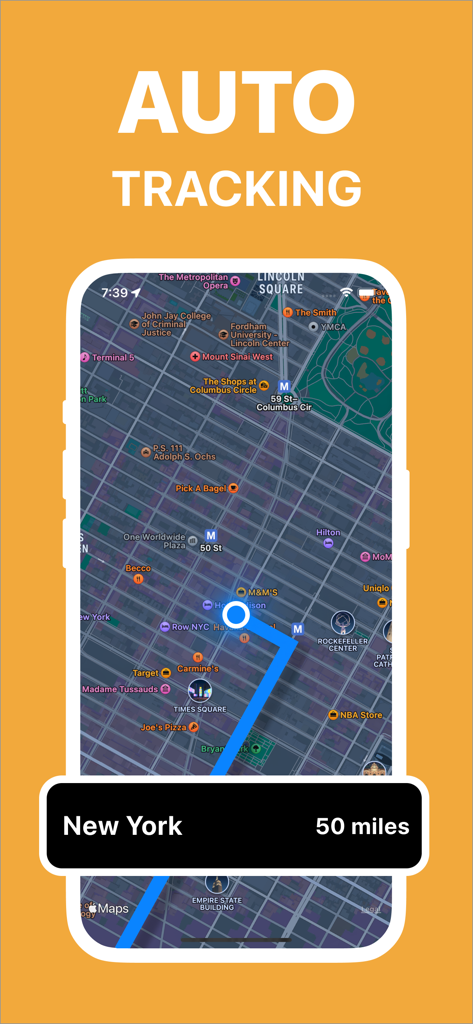 mile tracker car - Interfaz de la aplicación móvil que muestra el rastreo automático de kilometraje para una ruta de cincuenta millas en la ciudad de Nueva York